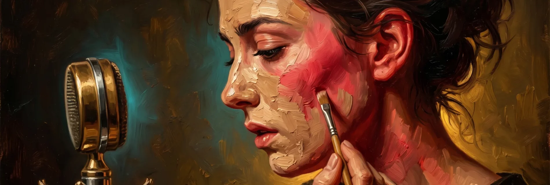 Femme au pupitre peignant son visage rouge pour cacher qu'elle rougit, illustration de la glossophobie