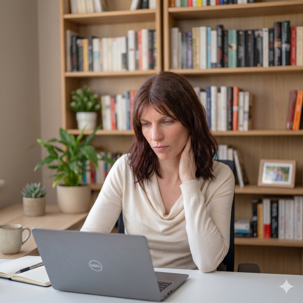 Femme cadre au bureau, main sur la nuque, expression pensive face a son ordinateur