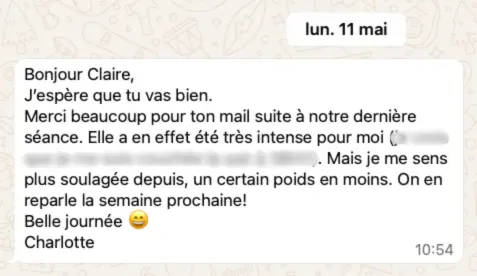 Message reçu d'une cliente après une séance Recto-Verso : elle se sent plus soulagée, un poids en moins.