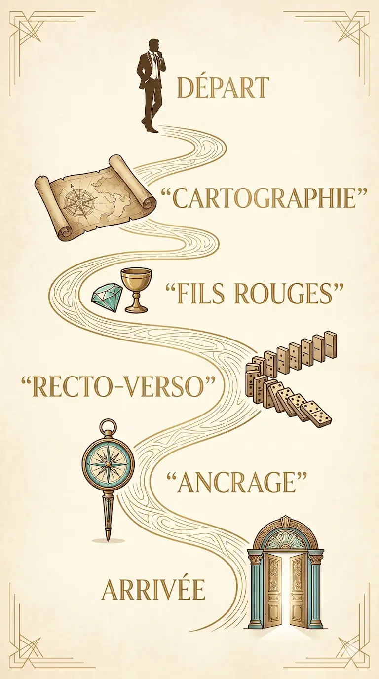 Le chemin RISE : Départ, Cartographie, Fils Rouges, Recto-Verso, Ancrage, Arrivée