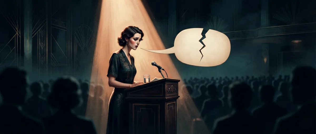Femme seule à un pupitre sous un projecteur, face à un public d'ombres, une bulle de parole vide et fissurée : illustration de la glossophobie (peur de parler en public).