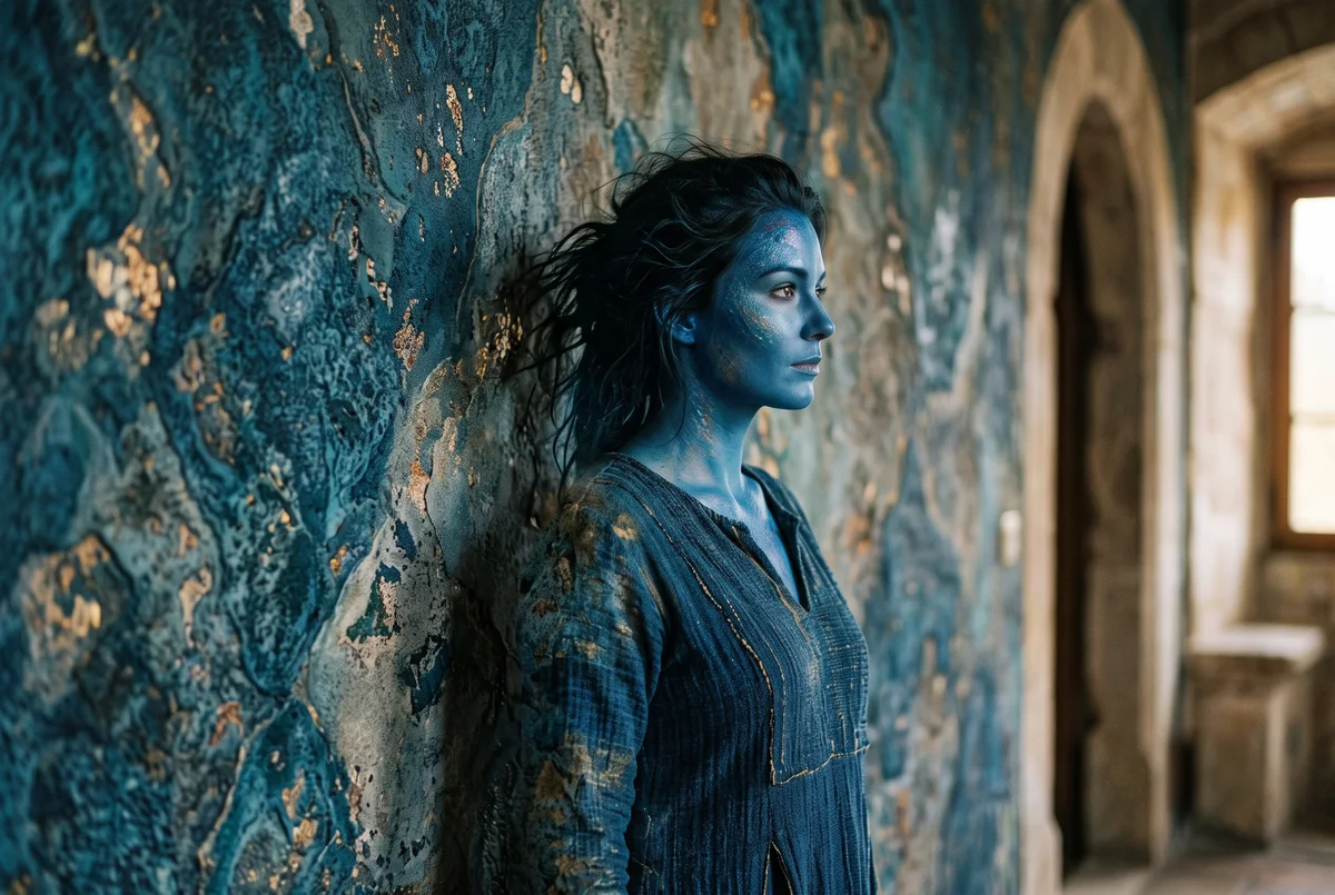 Femme à la peau bleue se fondant dans un mur de pierre — se fondre pour être accepté